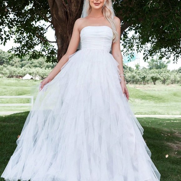 . Dresses & Skirts - White Preppy Womens Solid Ruched Tube Wedding Dress